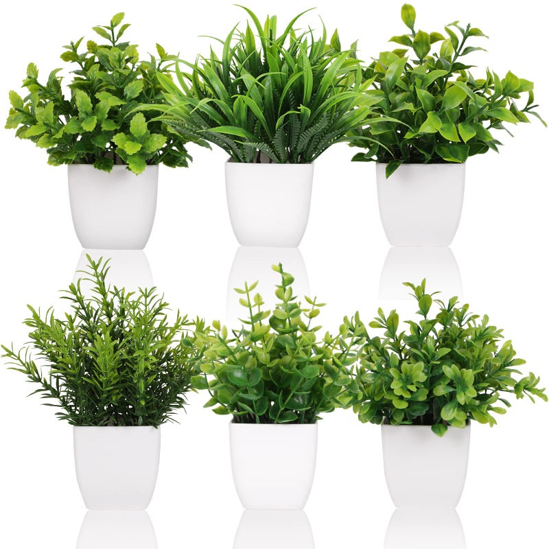 Yoratee 6 Pot Small Fake Plant Flowerpot Artificial Plastic Eucalyptus Plant Wheat Grass Shrub Plant Indoor Desk Coffee Table Bathroom Bedroom Home Decoration 6