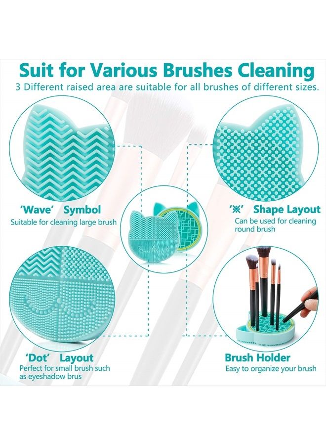 2 in 1 Makeup Brush Cleaning Mat with Brush Drying Holder, Silicon Cat Shaped Brush Cleaner Pad include Cosmetic Brush Organizer Rack, Portable Washing Tool for Makeup (Green)