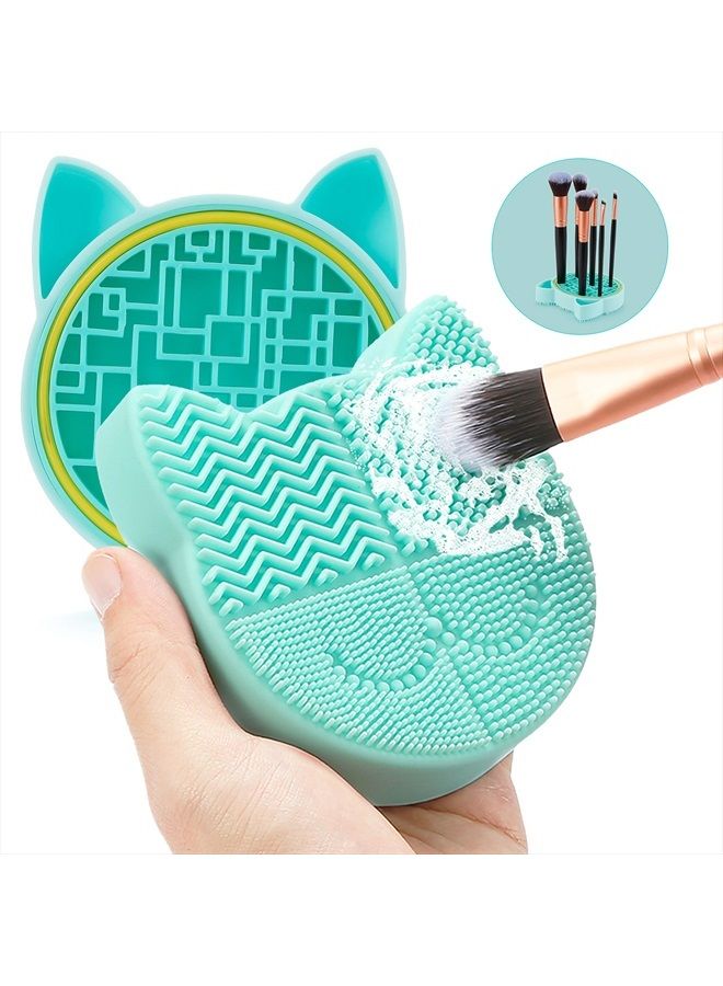 2 in 1 Makeup Brush Cleaning Mat with Brush Drying Holder, Silicon Cat Shaped Brush Cleaner Pad include Cosmetic Brush Organizer Rack, Portable Washing Tool for Makeup (Green)