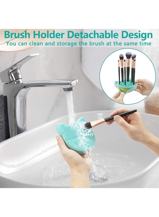 2 in 1 Makeup Brush Cleaning Mat with Brush Drying Holder, Silicon Cat Shaped Brush Cleaner Pad include Cosmetic Brush Organizer Rack, Portable Washing Tool for Makeup (Green)