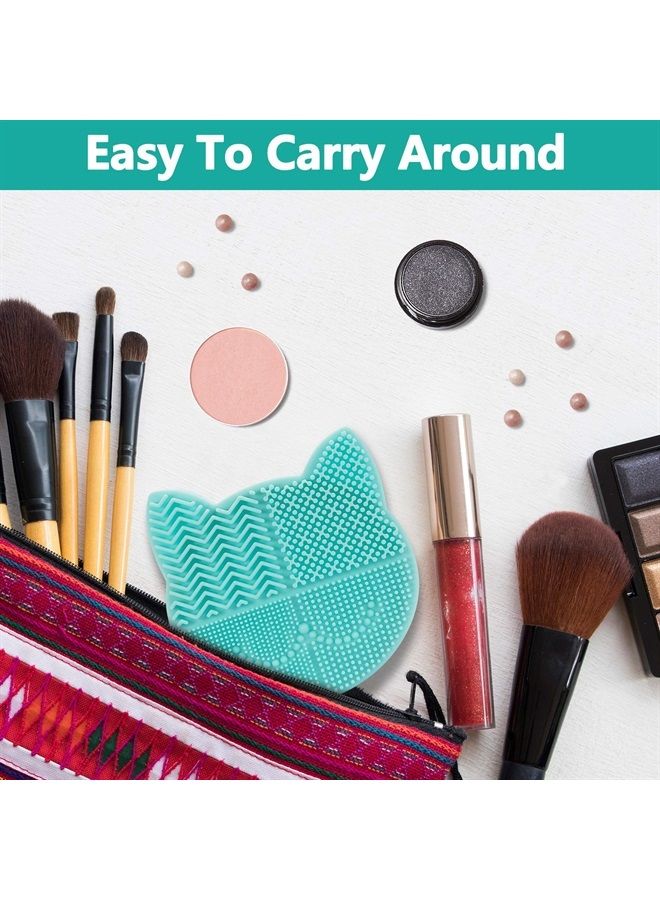 2 in 1 Makeup Brush Cleaning Mat with Brush Drying Holder, Silicon Cat Shaped Brush Cleaner Pad include Cosmetic Brush Organizer Rack, Portable Washing Tool for Makeup (Green)