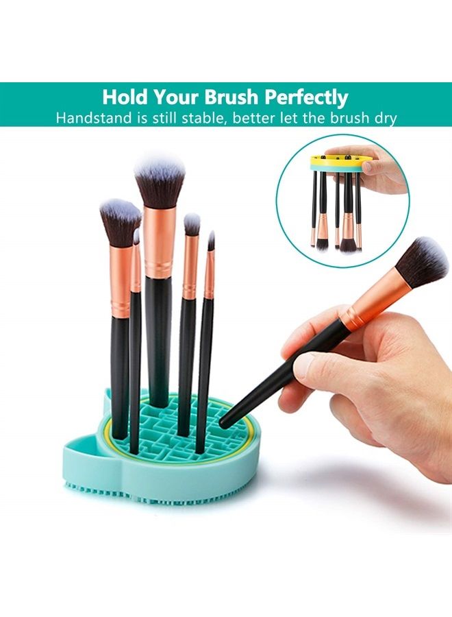 2 in 1 Makeup Brush Cleaning Mat with Brush Drying Holder, Silicon Cat Shaped Brush Cleaner Pad include Cosmetic Brush Organizer Rack, Portable Washing Tool for Makeup (Green)