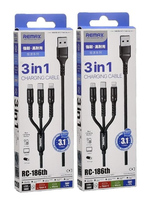 Remax rc-186th 3in1 magnetic fast charging and data transmission lightning, micro and type-c cable with 3.1a output 1200mm set of 2 pieces - black