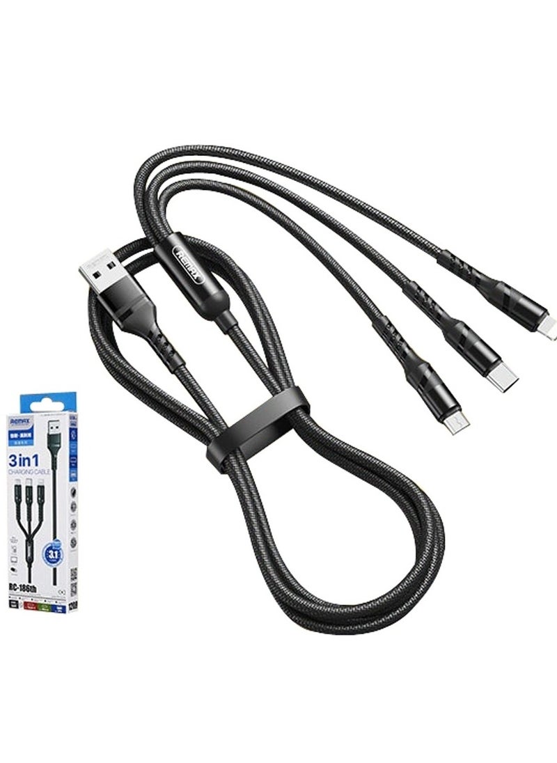 Remax rc-186th 3in1 magnetic fast charging and data transmission lightning, micro and type-c cable with 3.1a output 1200mm set of 2 pieces - black