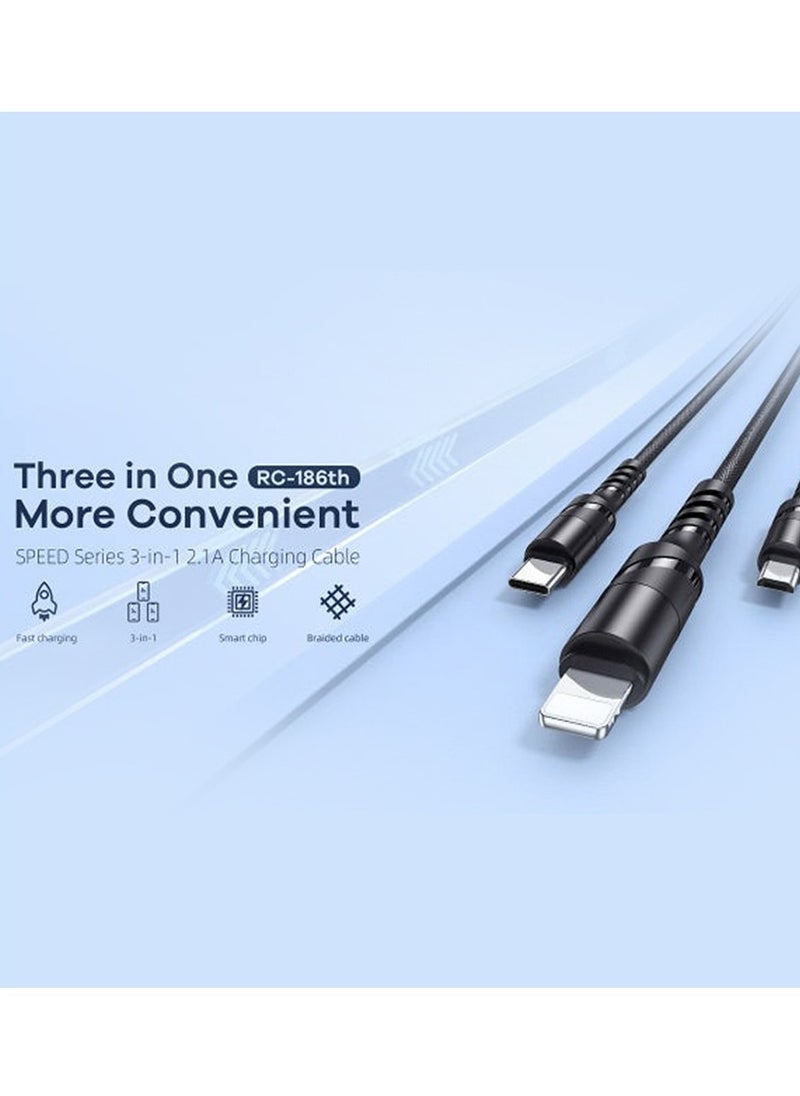 Remax rc-186th 3in1 magnetic fast charging and data transmission lightning, micro and type-c cable with 3.1a output 1200mm set of 2 pieces - black