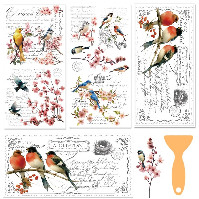 BEUNITONE 3 Sheets Vintage Rub on Transfers for Crafts and Furniture,Floral and Birds,Cold IOD Transfers Sticker,Rub on Transfer Furniture Decals Sticker for Wood,Glass,Desk,DIY Home Decor 11.8x5.9'' - Image 1