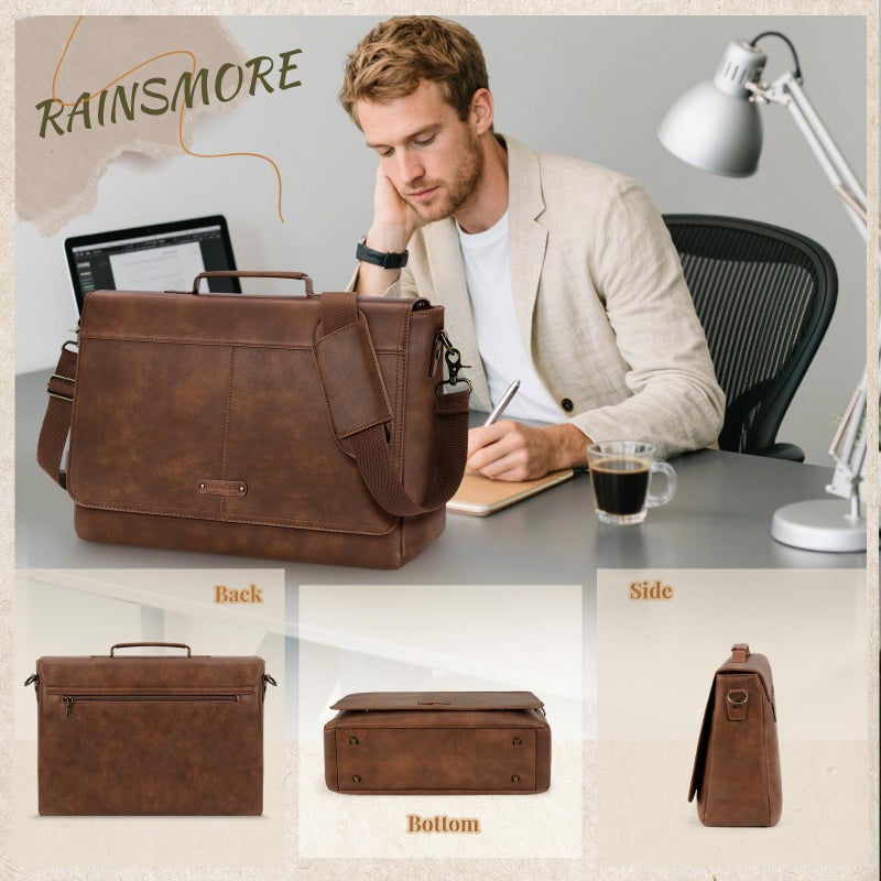 RAINSMORE Vintage Flap Messenger Bag for Men PU Vegan Leather Laptop Bag 15.6 Inch Waterproof Mens Briefcase Retro Computer Bag for Work College Office Travel Satchel Bag Men Brpwn - Image 2