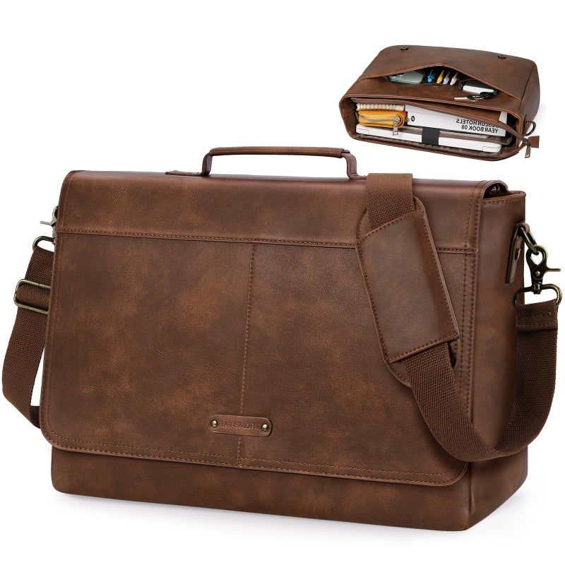 RAINSMORE Vintage Flap Messenger Bag for Men PU Vegan Leather Laptop Bag 15.6 Inch Waterproof Mens Briefcase Retro Computer Bag for Work College Office Travel Satchel Bag Men Brpwn - Image 1