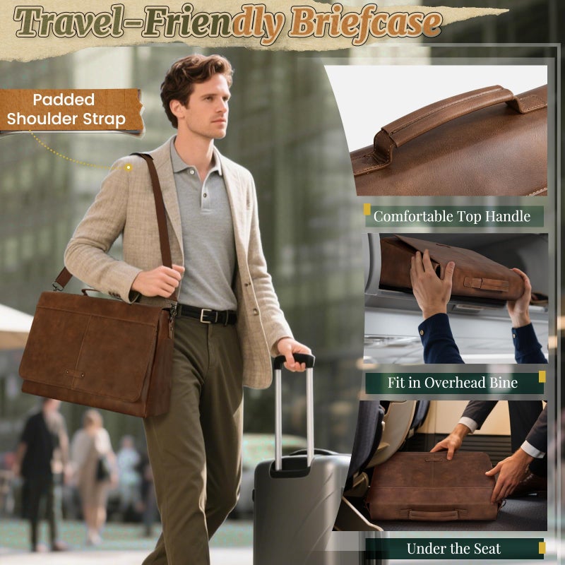 RAINSMORE Vintage Flap Messenger Bag for Men PU Vegan Leather Laptop Bag 15.6 Inch Waterproof Mens Briefcase Retro Computer Bag for Work College Office Travel Satchel Bag Men Brpwn - Image 5