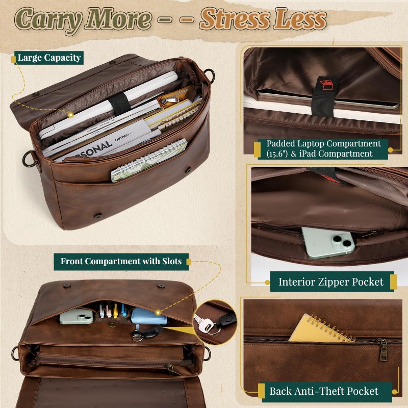 RAINSMORE Vintage Flap Messenger Bag for Men PU Vegan Leather Laptop Bag 15.6 Inch Waterproof Mens Briefcase Retro Computer Bag for Work College Office Travel Satchel Bag Men Brpwn - Image 3