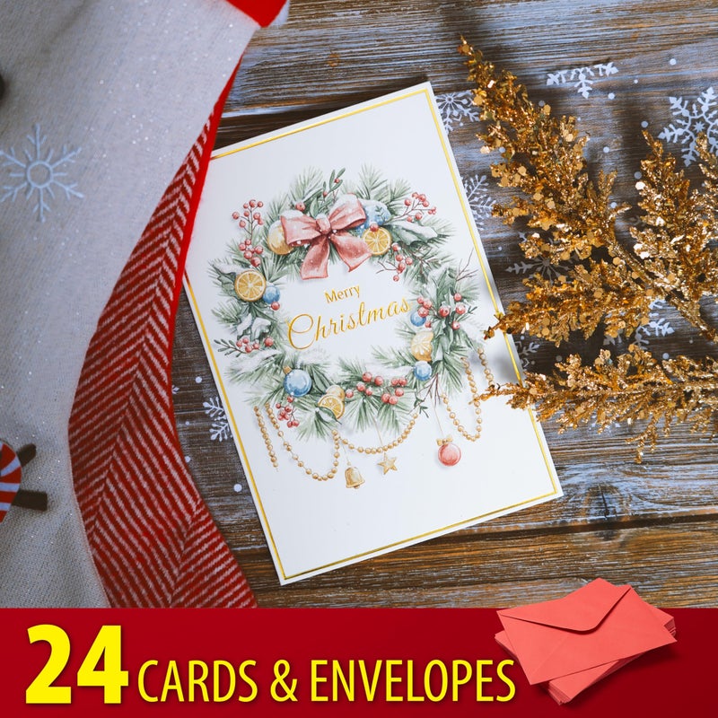 Solpla 24 Christmas Cards Assortment, Festive Gold Foil Glitter Watercolor Bulk Xmas Cards with Envelopes & Messages - 6 Patterns, 4 3/4" x 7" for Friends, Family, Kids, Boys & Girls - Image 5