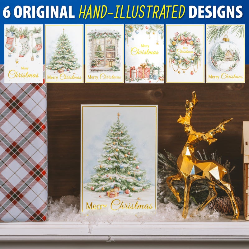 Solpla 24 Christmas Cards Assortment, Festive Gold Foil Glitter Watercolor Bulk Xmas Cards with Envelopes & Messages - 6 Patterns, 4 3/4" x 7" for Friends, Family, Kids, Boys & Girls - Image 4