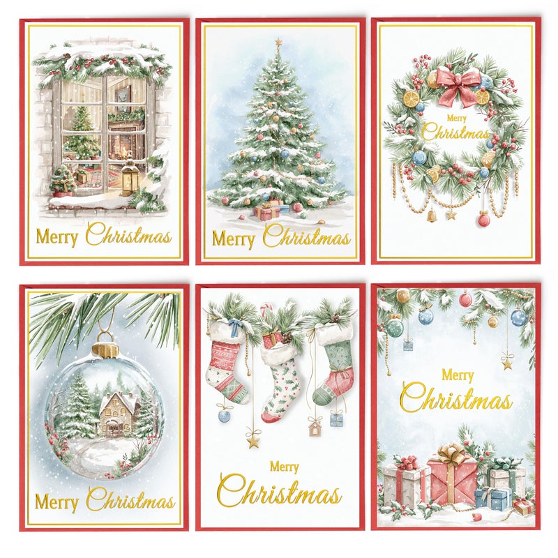 Solpla 24 Christmas Cards Assortment, Festive Gold Foil Glitter Watercolor Bulk Xmas Cards with Envelopes & Messages - 6 Patterns, 4 3/4" x 7" for Friends, Family, Kids, Boys & Girls - Image 1