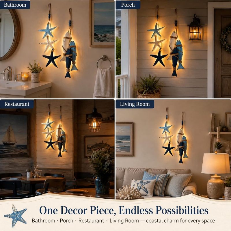 ديكور جداري خشبي ساحلي 11.8x9.8 بوصة بتصميم نجم البحر والأسماك - إضاءة LED دافئة بتشطيب عتيق، لوحة فنية بحرية معلقة للشاطئ والحمام والشرفة والمدخل - Image 4