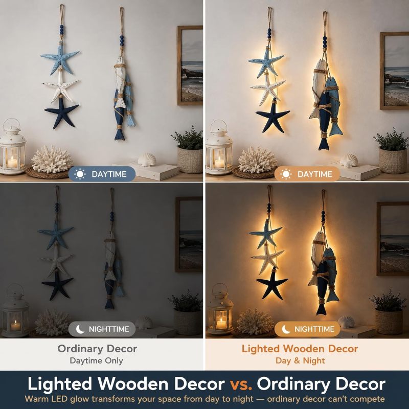 ديكور جداري خشبي ساحلي 11.8x9.8 بوصة بتصميم نجم البحر والأسماك - إضاءة LED دافئة بتشطيب عتيق، لوحة فنية بحرية معلقة للشاطئ والحمام والشرفة والمدخل - Image 5