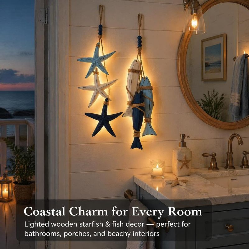 ديكور جداري خشبي ساحلي 11.8x9.8 بوصة بتصميم نجم البحر والأسماك - إضاءة LED دافئة بتشطيب عتيق، لوحة فنية بحرية معلقة للشاطئ والحمام والشرفة والمدخل - Image 3