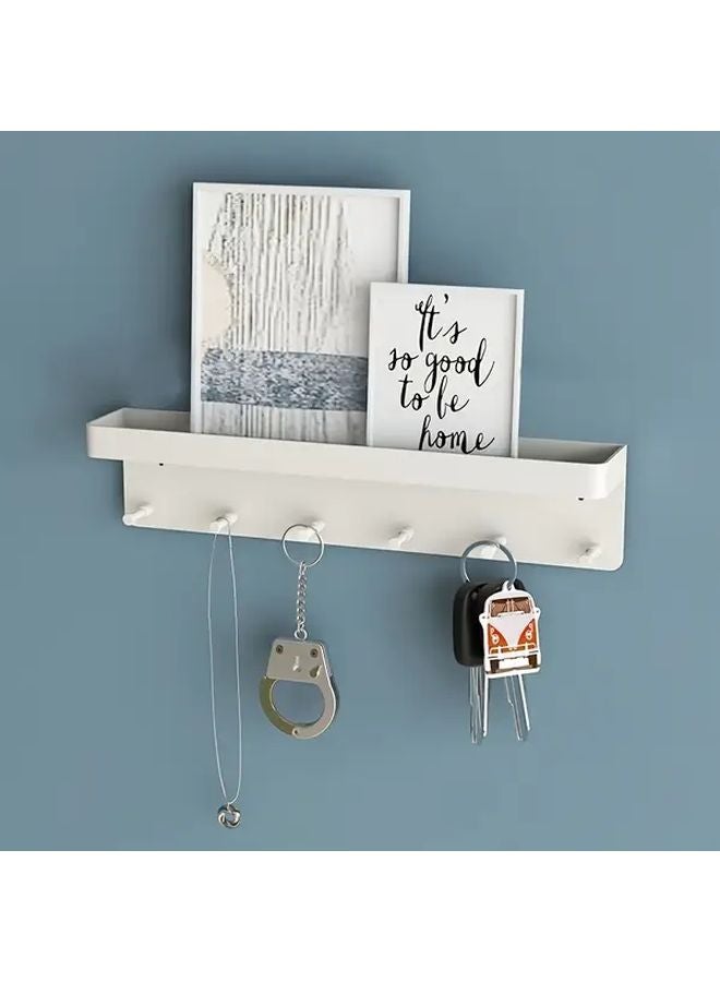 White Wall Mounted Keychain Holder with Mail Storage Tray and 6 Hooks - Image 1