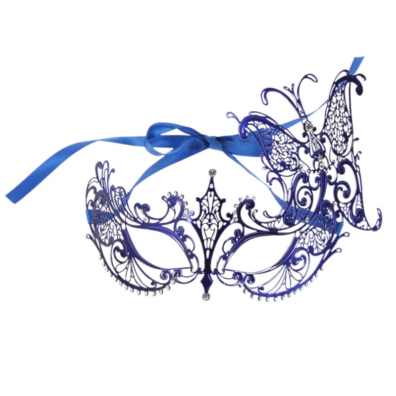 Luxury Butterfly Design Blue Cut Metal Half Mask with Rhinestones Masquerade Ball Halloween Mask - Image 1