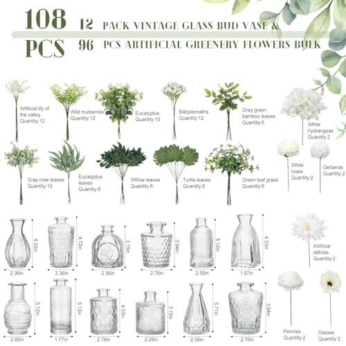 FoldTier 108 Pcs Artificial Flowers in Vase 96 Pcs Faux Greenery Stem Table Centerpiece Fake Plants Silk Roses Arrangement 12 Pcs Glass Vase Sets for Wedding Bathroom Home Dining DecorClear - Image 3