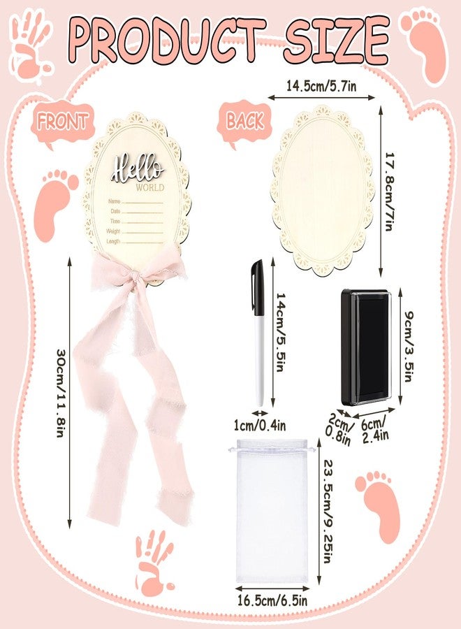 Threehoney Baby Announcement Sign 7 Inch Double Sided Wooden Hello World Newborn Engraved Sign with Organza Bag Marker Pen Ink Pad Ribbon Bow for Baby Shower Hand Footprints Photo Prop (Pink Bow) - Image 3