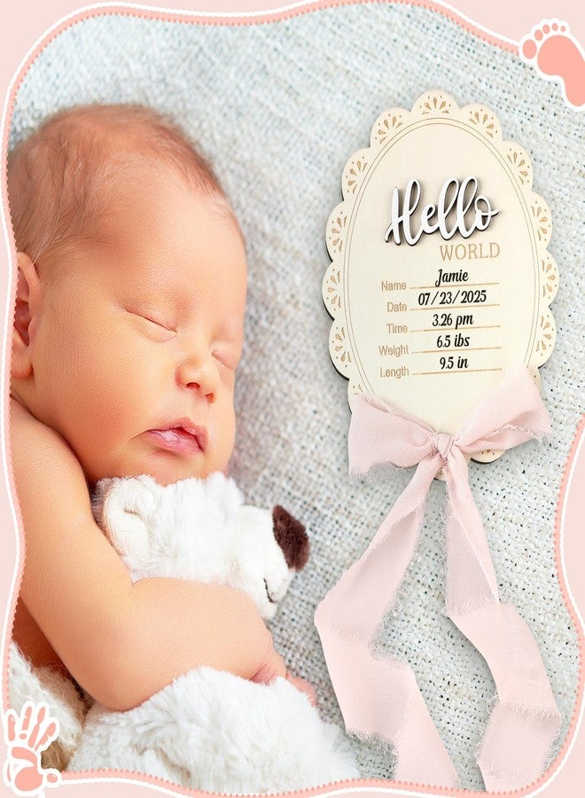 Threehoney Baby Announcement Sign 7 Inch Double Sided Wooden Hello World Newborn Engraved Sign with Organza Bag Marker Pen Ink Pad Ribbon Bow for Baby Shower Hand Footprints Photo Prop (Pink Bow) - Image 5