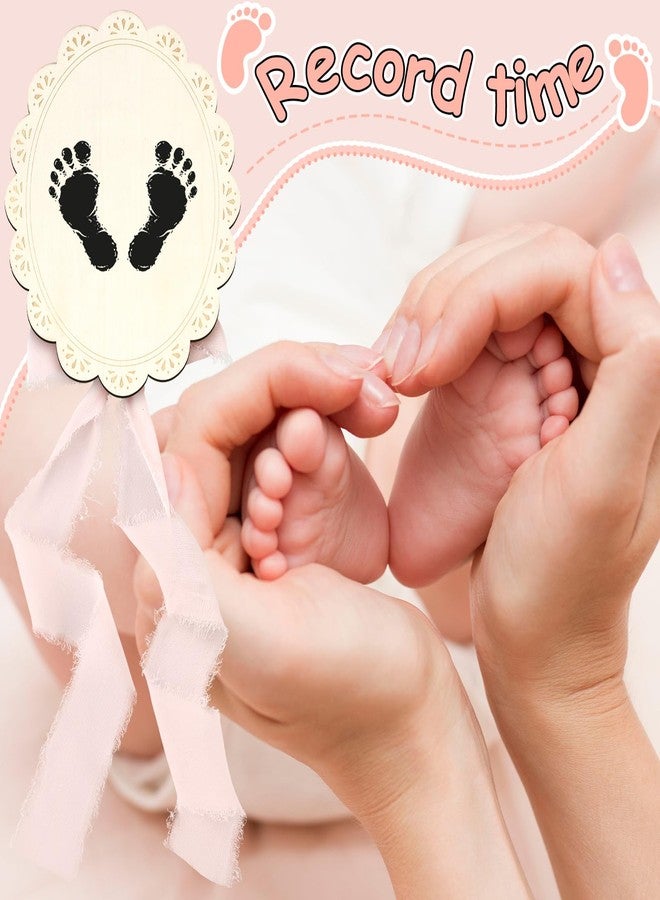 Threehoney Baby Announcement Sign 7 Inch Double Sided Wooden Hello World Newborn Engraved Sign with Organza Bag Marker Pen Ink Pad Ribbon Bow for Baby Shower Hand Footprints Photo Prop (Pink Bow) - Image 2