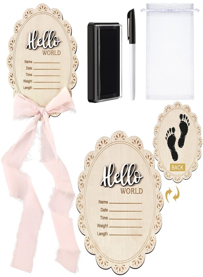 Threehoney Baby Announcement Sign 7 Inch Double Sided Wooden Hello World Newborn Engraved Sign with Organza Bag Marker Pen Ink Pad Ribbon Bow for Baby Shower Hand Footprints Photo Prop (Pink Bow) - Image 1
