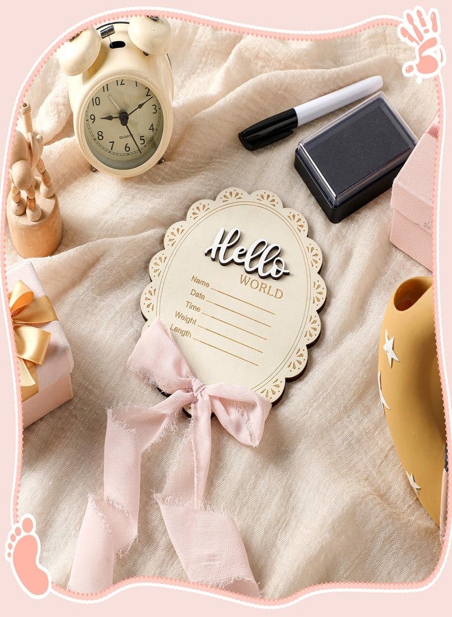 Threehoney Baby Announcement Sign 7 Inch Double Sided Wooden Hello World Newborn Engraved Sign with Organza Bag Marker Pen Ink Pad Ribbon Bow for Baby Shower Hand Footprints Photo Prop (Pink Bow) - Image 4
