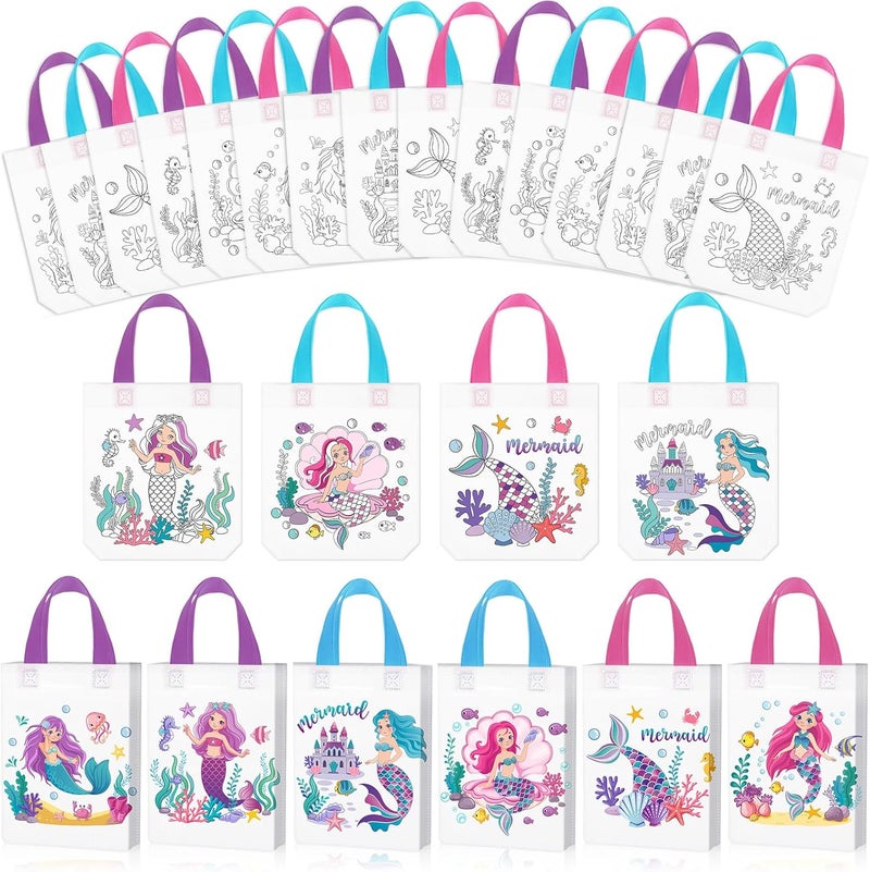 Kajaia 24 Pcs Mermaid Coloring Bags Mermaid Goodie Colorable Tote Bag Reusable Coloring Gift Favor Ocean Non Woven Colorable Tote Craft for Under the Sea Birthday Party FavorNo Pen - Image 1