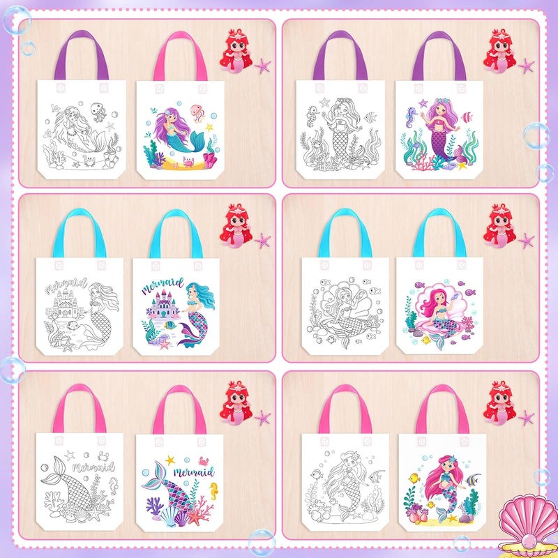 Kajaia 24 Pcs Mermaid Coloring Bags Mermaid Goodie Colorable Tote Bag Reusable Coloring Gift Favor Ocean Non Woven Colorable Tote Craft for Under the Sea Birthday Party FavorNo Pen - Image 3