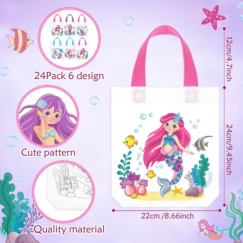 Kajaia 24 Pcs Mermaid Coloring Bags Mermaid Goodie Colorable Tote Bag Reusable Coloring Gift Favor Ocean Non Woven Colorable Tote Craft for Under the Sea Birthday Party FavorNo Pen - Image 2