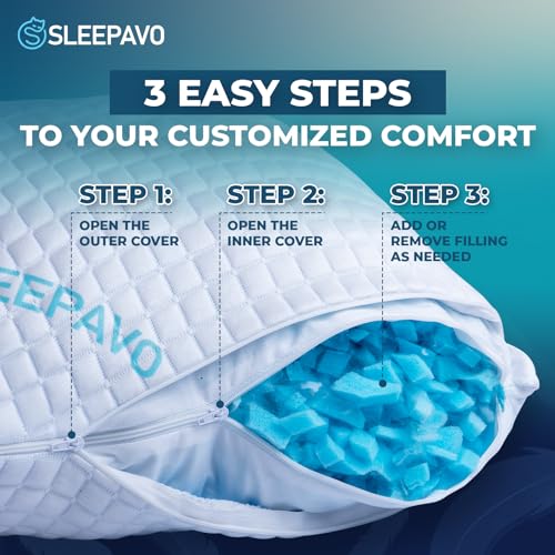 Sleepavo Adjustable Shredded Memory Foam Pillows Queen Size Set of 2 - Extra Soft Cooling Bed Pillows for Sleeping - Back, Stomach, Firm Side Sleeper, Comfy Cool - 2 Pack Best Sleepy High Loft Pillow - Image 5