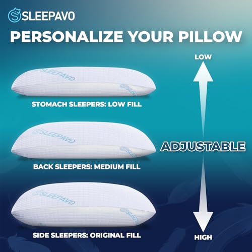 Sleepavo Adjustable Shredded Memory Foam Pillows Queen Size Set of 2 - Extra Soft Cooling Bed Pillows for Sleeping - Back, Stomach, Firm Side Sleeper, Comfy Cool - 2 Pack Best Sleepy High Loft Pillow - Image 2