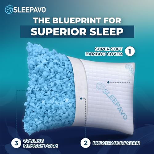 Sleepavo Adjustable Shredded Memory Foam Pillows Queen Size Set of 2 - Extra Soft Cooling Bed Pillows for Sleeping - Back, Stomach, Firm Side Sleeper, Comfy Cool - 2 Pack Best Sleepy High Loft Pillow - Image 3