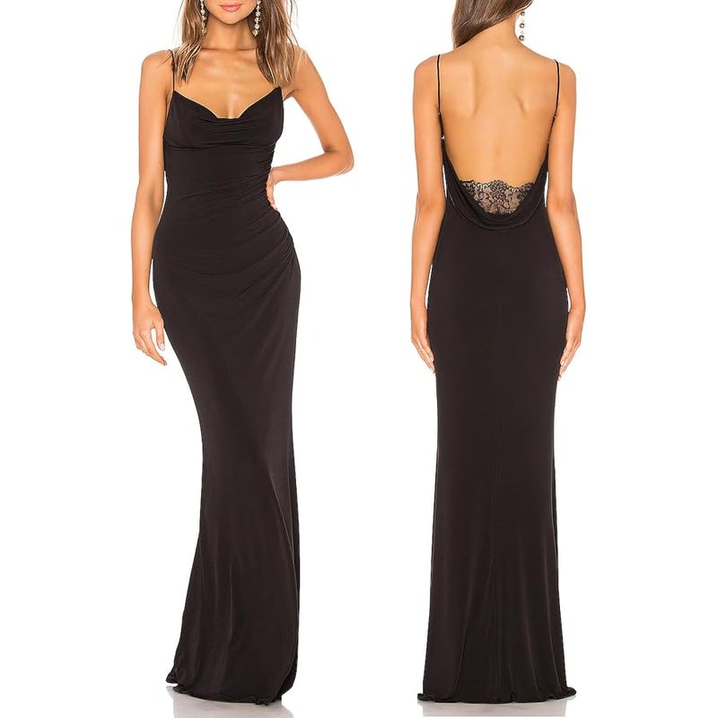 Aigeman Women Spaghetti Strap Lace Backless Mermaid Maxi Dress Drape Neck Gown - Image 1