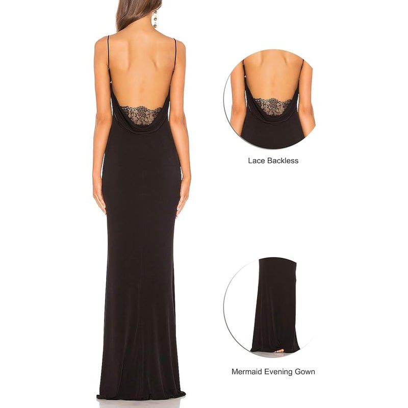 Aigeman Women Spaghetti Strap Lace Backless Mermaid Maxi Dress Drape Neck Gown - Image 3