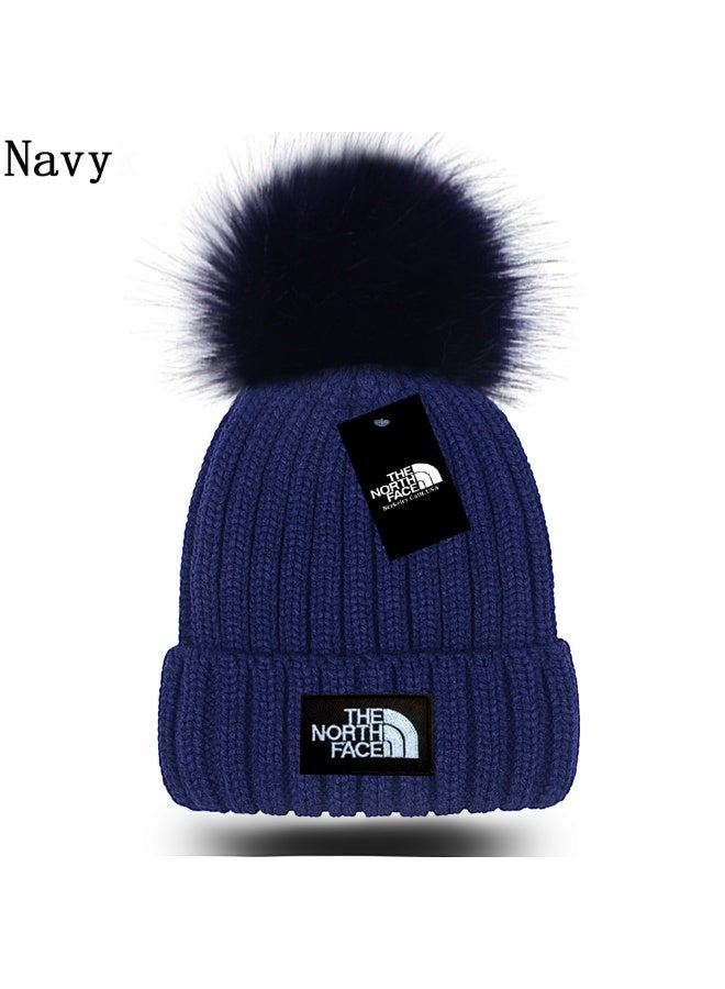 ذا نورث فيس The North Face Navy Plush Knitted Beanie – Featuring Fluffy Pom-Pom, Rib Knit Design and Signature Brand Patch