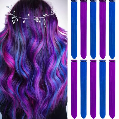 LADYAMZ Colored Purple Hair Extensions 10 PCS, Rainbow Party Highlights Clip in Synthetic Hair Extension, Colorful Hairpiece for Girl Women Kids Gift Blue Hair Piece(Purple+Blue, 22 In) - Image 1