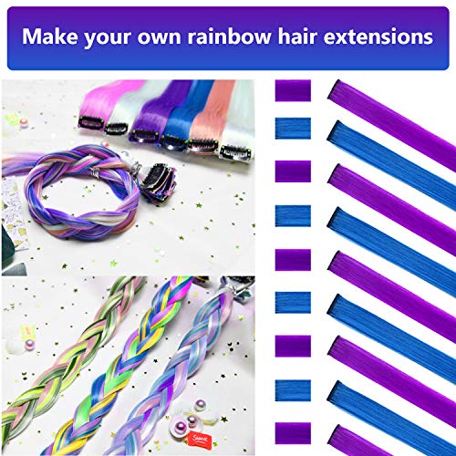 LADYAMZ Colored Purple Hair Extensions 10 PCS, Rainbow Party Highlights Clip in Synthetic Hair Extension, Colorful Hairpiece for Girl Women Kids Gift Blue Hair Piece(Purple+Blue, 22 In) - Image 2