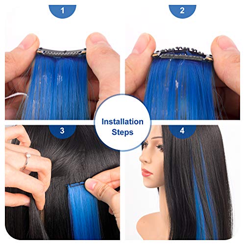 LADYAMZ Colored Purple Hair Extensions 10 PCS, Rainbow Party Highlights Clip in Synthetic Hair Extension, Colorful Hairpiece for Girl Women Kids Gift Blue Hair Piece(Purple+Blue, 22 In) - Image 5
