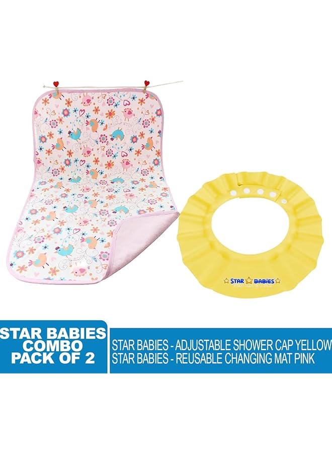 STAR BABiES Combo Pack Of 2 Adjustable Shower Cap With Reusable Changing Mats Pink - Image 2