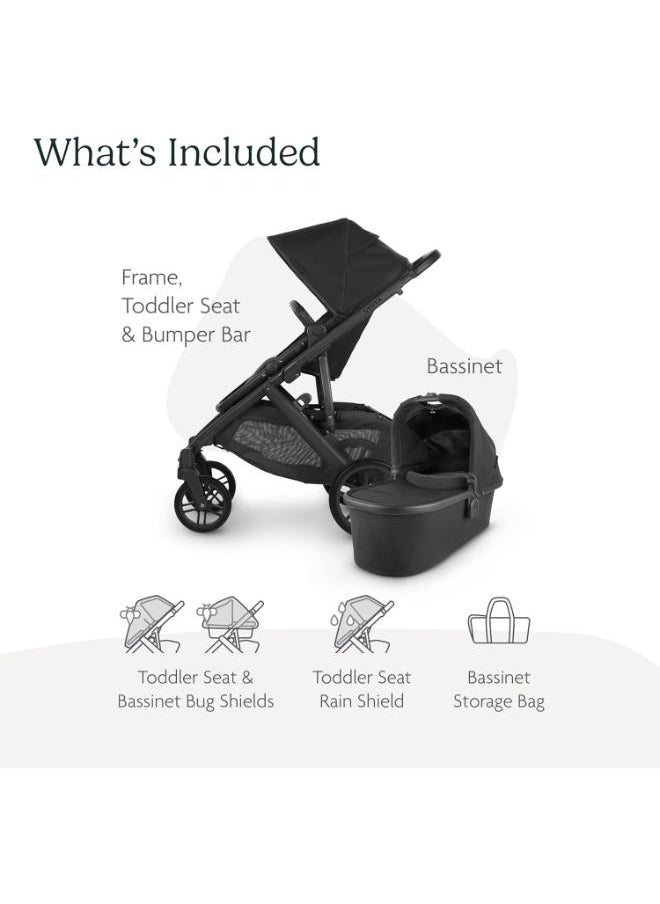 UPPAbaby - Vista V2 Stroller Convertible Single - To - Double System/Bassinet, Toddler Seat, Bug Shield, Rain Shield, And Storage Bag Included/Jake (Charcoal/Carbon Frame/Black Leather) - Image 1