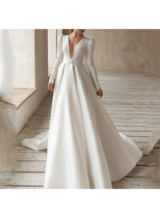 NIBEMINENT Simple Wedding Dresses Woman's A Line  Deep V Neck Bride Gowns Long Sleeve Satin Princess Robe Mariée  - Image 1