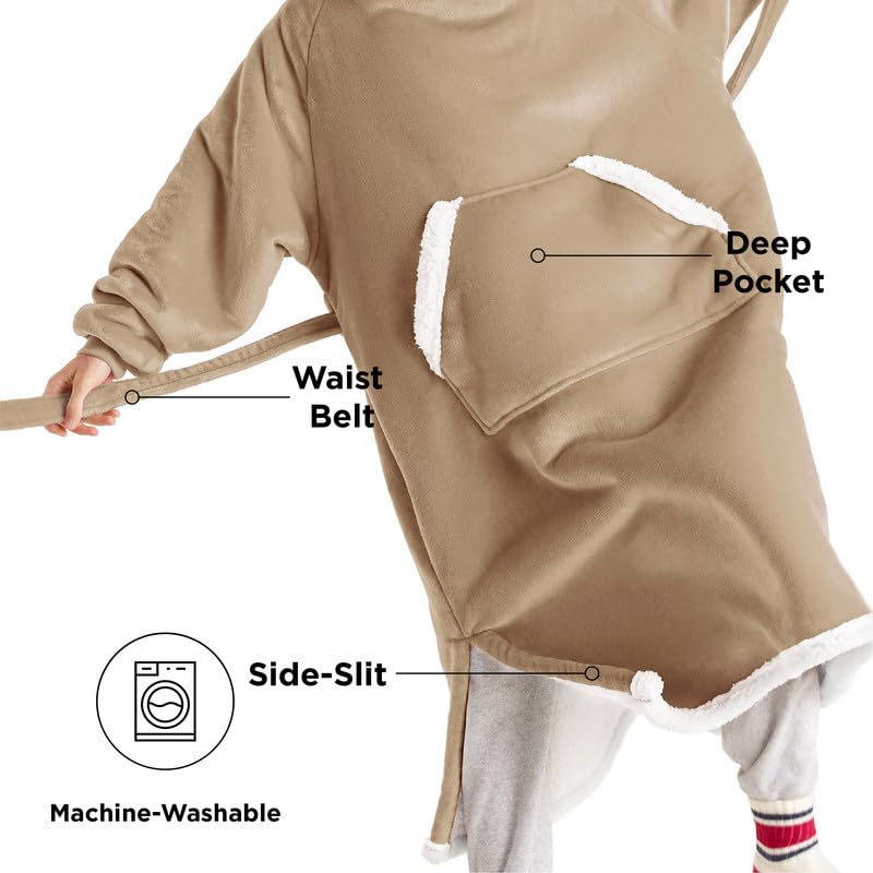 Bedsure Bedsure Wearable Blanket Hoodie Women - Long Sherpa Fleece Hooded Blanket for Teens Adult  Warm Cozy Blanket Sweatshirt with Giant Pocket and Belt  Winter Gifts for Girls  Small  Beige  - Image 3
