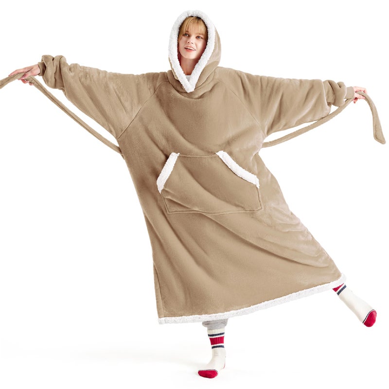 Bedsure Bedsure Wearable Blanket Hoodie Women - Long Sherpa Fleece Hooded Blanket for Teens Adult  Warm Cozy Blanket Sweatshirt with Giant Pocket and Belt  Winter Gifts for Girls  Small  Beige  - Image 1