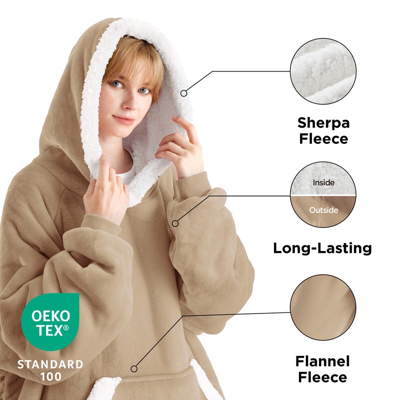 Bedsure Bedsure Wearable Blanket Hoodie Women - Long Sherpa Fleece Hooded Blanket for Teens Adult  Warm Cozy Blanket Sweatshirt with Giant Pocket and Belt  Winter Gifts for Girls  Small  Beige  - Image 2