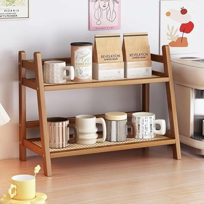KASTWAVE Coffee Tea Organizer Bamboo Storage Rack For Mugs Condiments Matcha Stand Fits Under Kitchen Cabinet Durable Countertop Display 2 Tier Brown 1 Pcs - Image 4