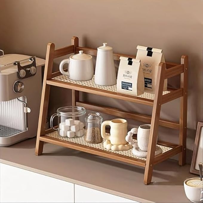 KASTWAVE Coffee Tea Organizer Bamboo Storage Rack For Mugs Condiments Matcha Stand Fits Under Kitchen Cabinet Durable Countertop Display 2 Tier Brown 1 Pcs - Image 2
