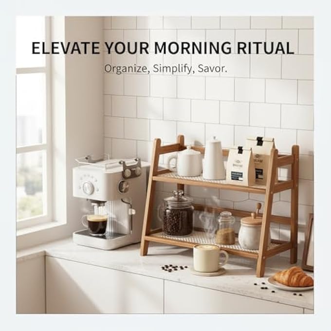 KASTWAVE Coffee Tea Organizer Bamboo Storage Rack For Mugs Condiments Matcha Stand Fits Under Kitchen Cabinet Durable Countertop Display 2 Tier Brown 1 Pcs - Image 3