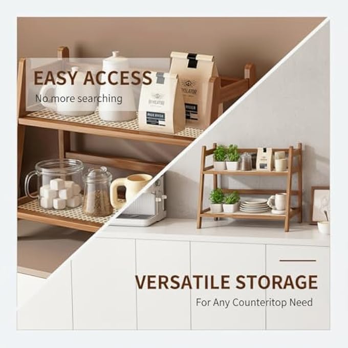 KASTWAVE Coffee Tea Organizer Bamboo Storage Rack For Mugs Condiments Matcha Stand Fits Under Kitchen Cabinet Durable Countertop Display 2 Tier Brown 1 Pcs - Image 5